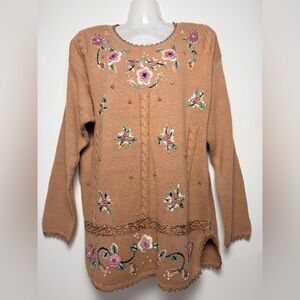 Vintage Cervelle Sweater Womens Medium Brown Ramie Floral Embroidered  Grandma
